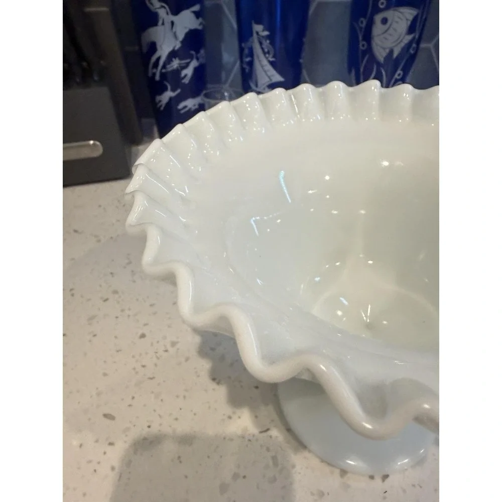 Westmoreland Paneled Grape Milk Glass Footed Compote Bowl Ruffled Mid Century